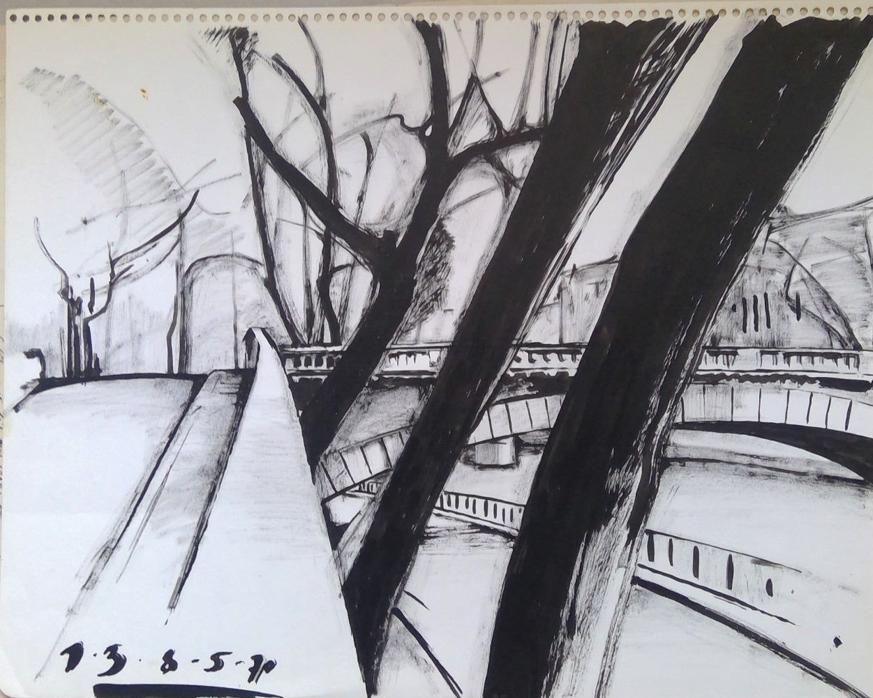Bergeret Pont de Paris sur la Seine Dessin 1957