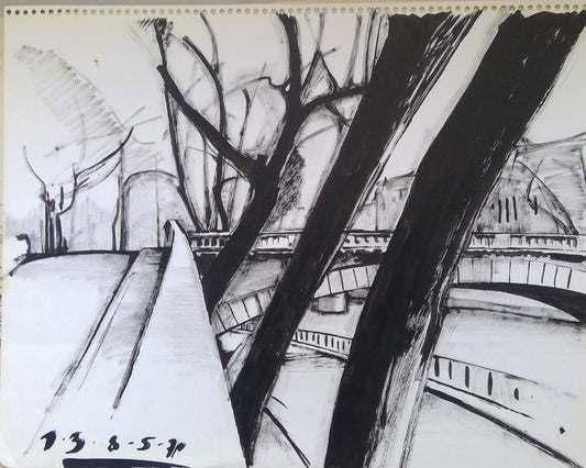 Bergeret Pont de Paris sur la Seine Dessin 1957