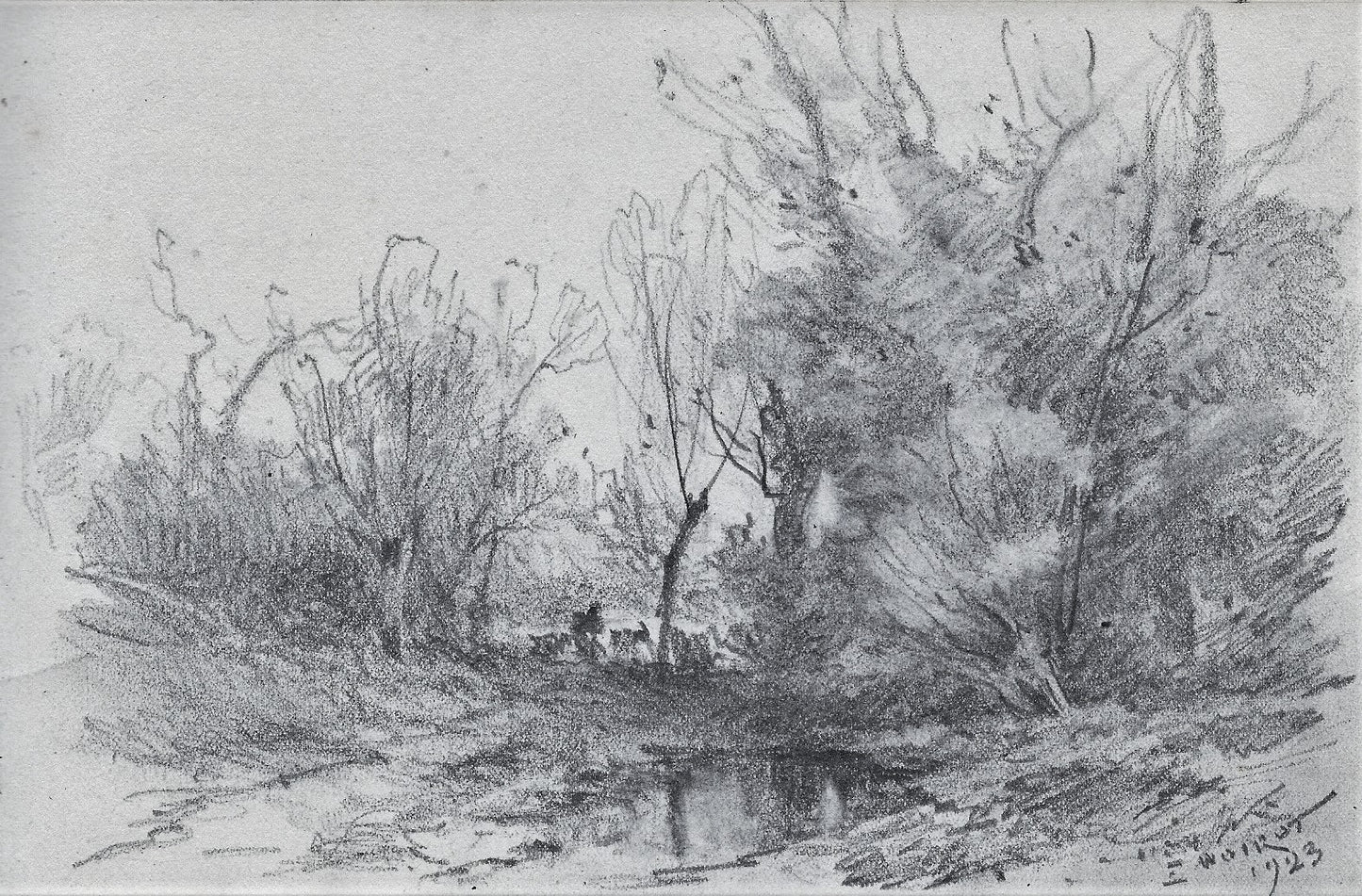 Noirot 41 Chèvres paissant près la mare (1923) Dessin