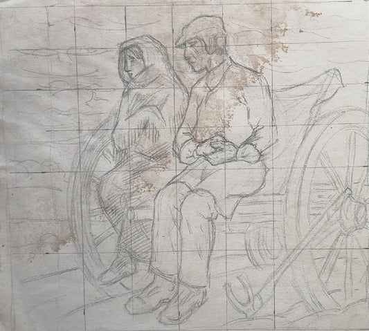 Colin Couple de paysans au repos sur une charrette Dessin 20e