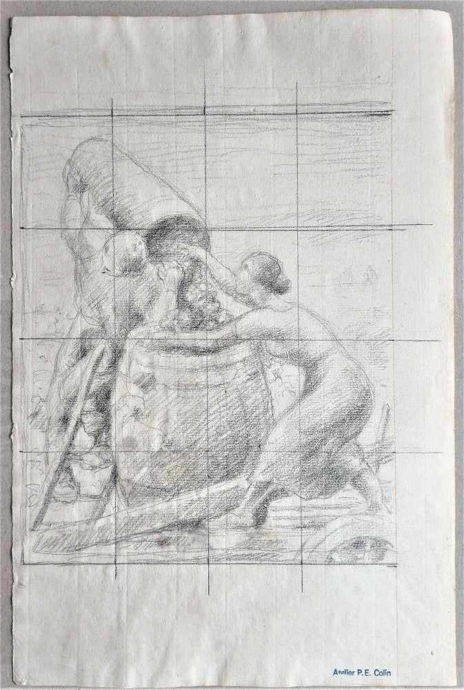 Colin Couple de paysans en vendange Dessin 20e