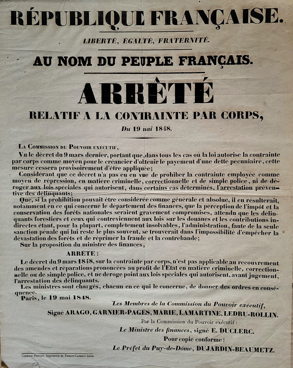 Thibaud-Landriot Arrêté relatif à la contrainte par corps 19 mai 1848