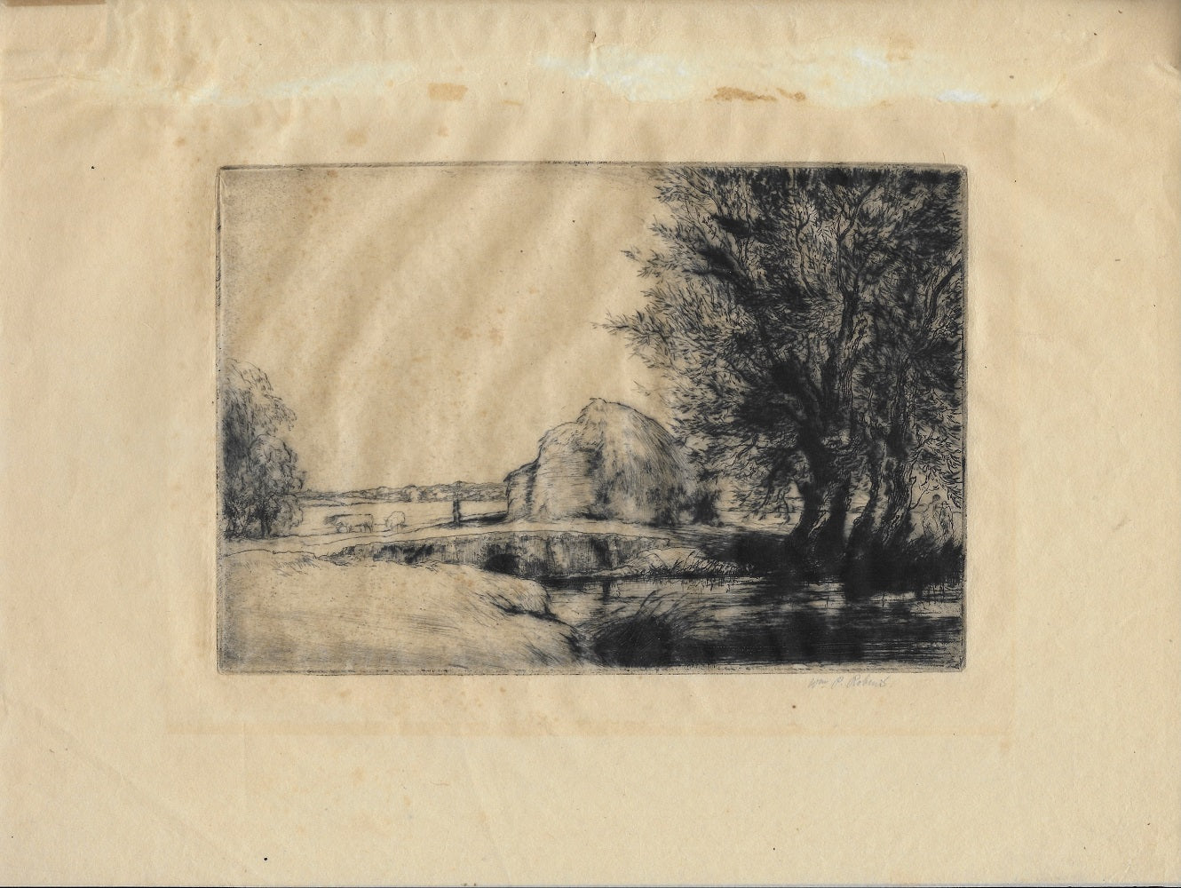 Robert Paysage à la meule de foin près d'un pont