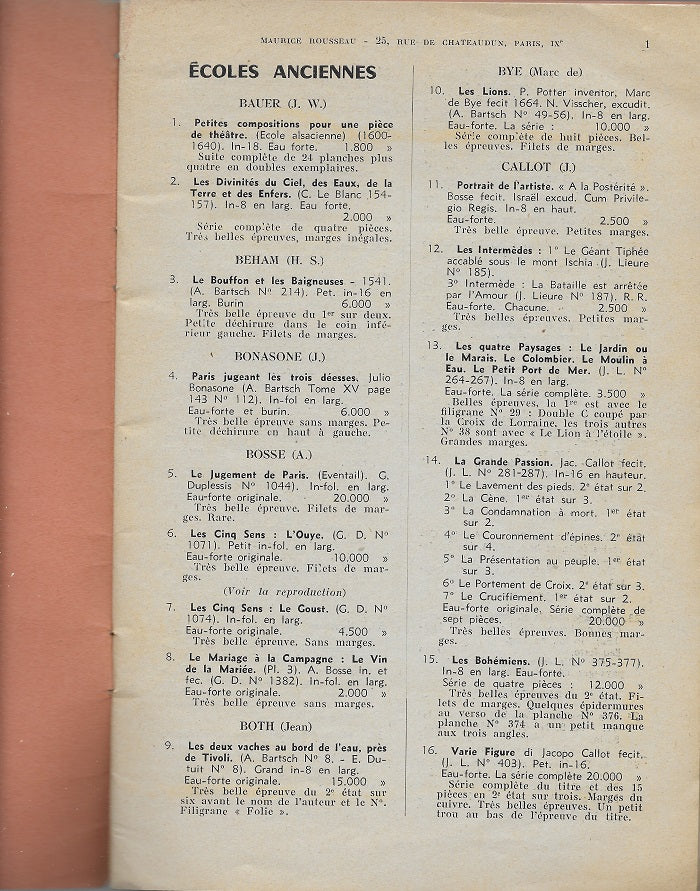 Rousseau Catalogue Gravures anciennes Estampes XIX 1955