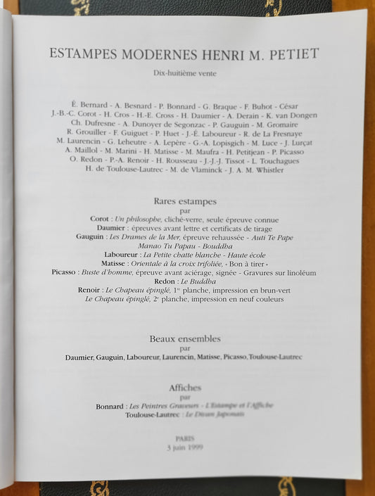 Catalogue Estampes modernes Henri M Petiet juin 1999