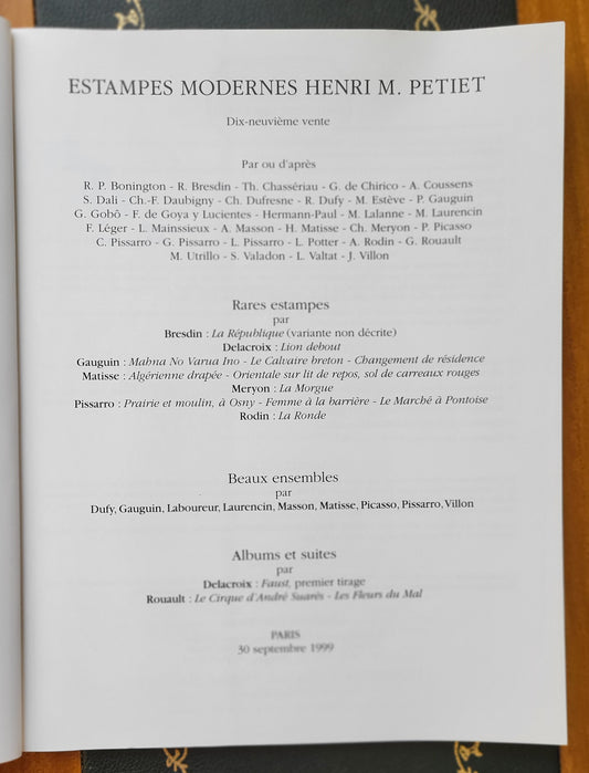 Catalogue Estampes modernes Henri M Petiet sept 1999