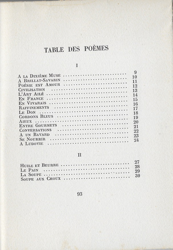 Forot La Dixième muse Poèmes gastronomique 1966