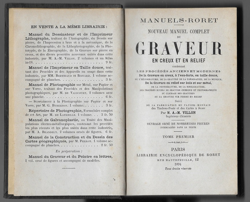 Encyclopédie Roret Graveur Tome I & II 1894