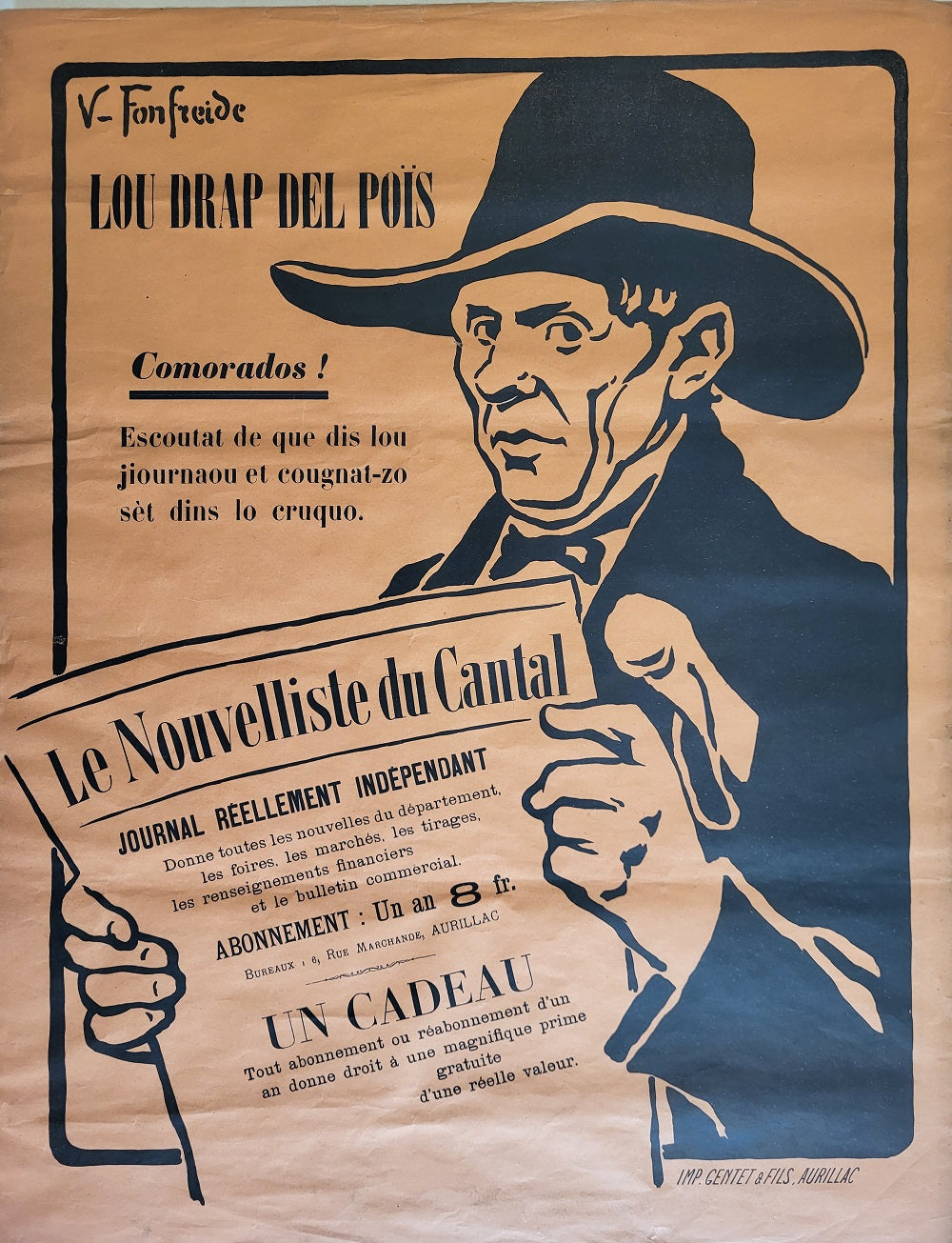 Fonfreide Affiche Le Nouvelliste du Cantal Lou drap del poïs 1905