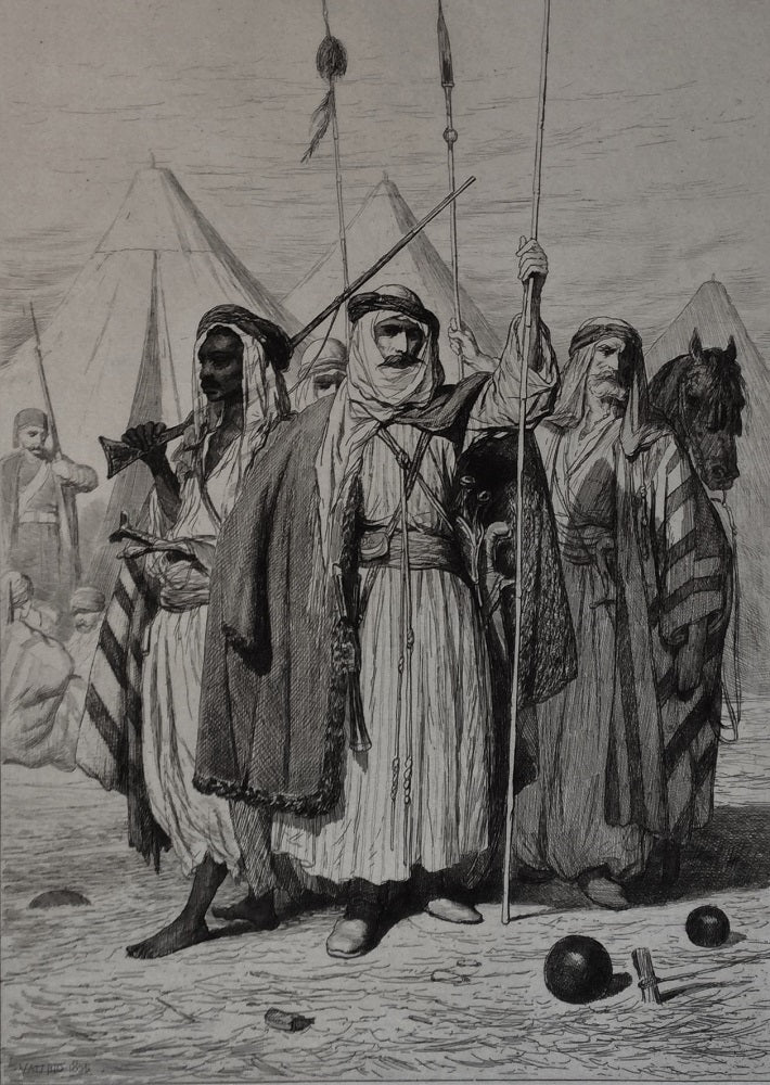 Valério Trois guerriers avec un cheval dans un camp (1855)