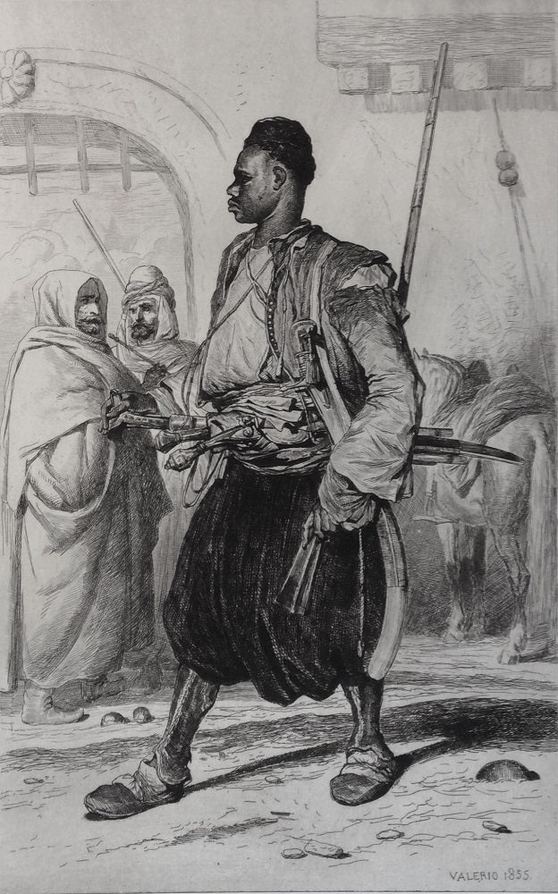 Valério Guerrier noir en armes marchant dans une rue (1855)