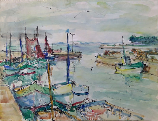 Harentz Dessin Bateaux dans un port de l’Atlantique
