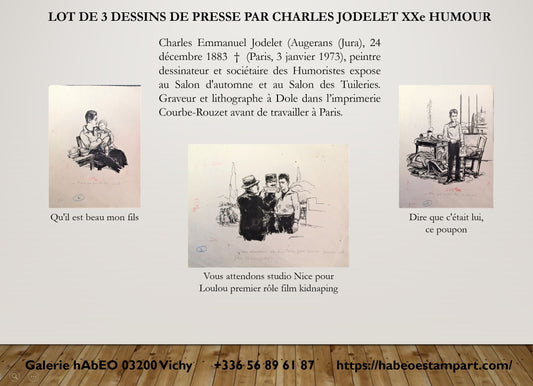 Jodelet Lot 3 dessins de presse humoristiques 20e s.