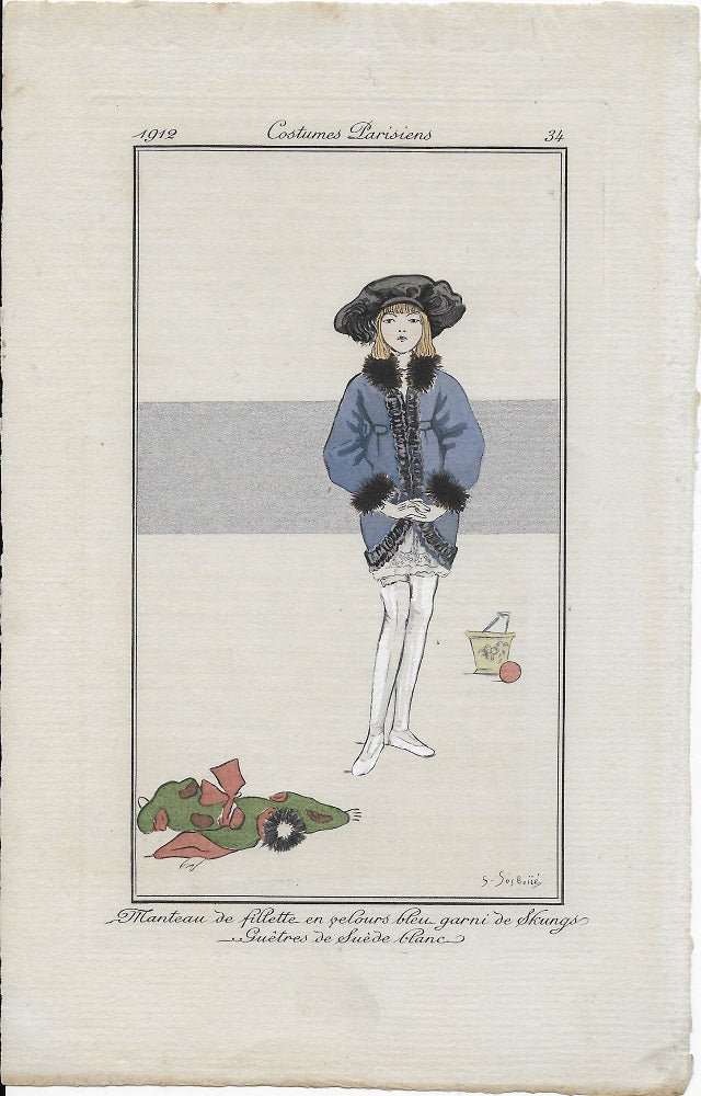 Sesboüe Manteau de fillette en velours bleu garni de Skungs (1912)
