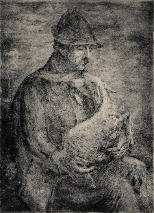 Eychart Berger assis portant un agneau dans ses bras