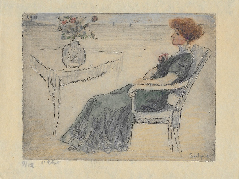 Sulpis élégante assise devant un bouquet de fleurs 1900 9/12 1er état