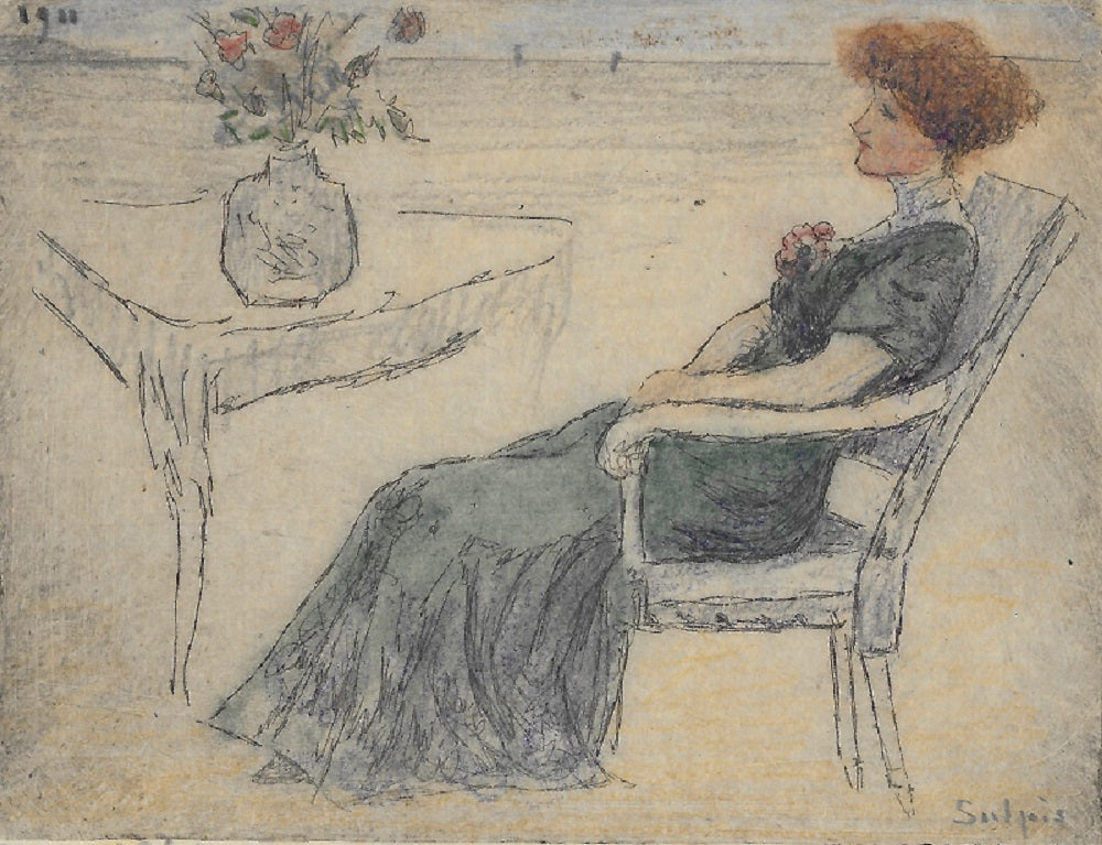Sulpis élégante assise devant un bouquet de fleurs 1900 9/12 1er état